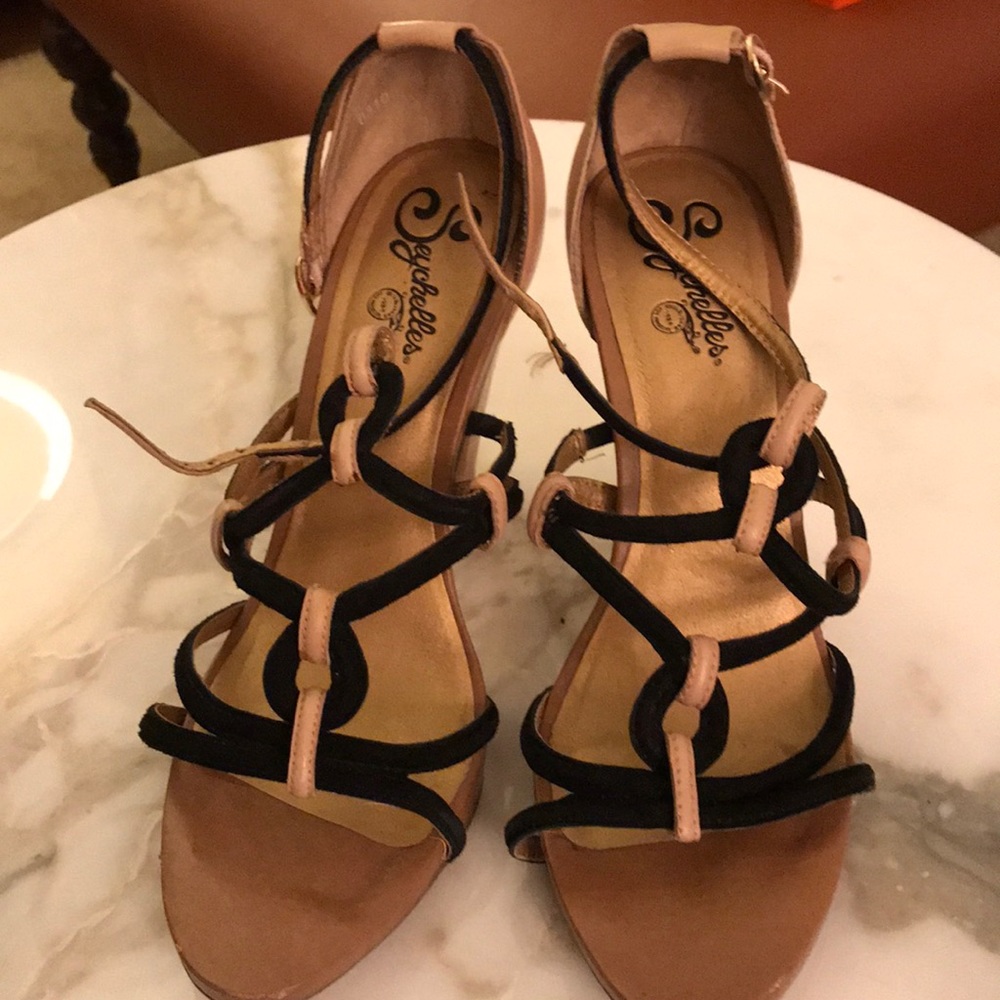 Natural Tan and Black Suede Sandals